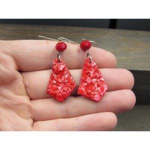 Sterling Silver Red Texture Abstract Handmade Earrings Vintage Wedding